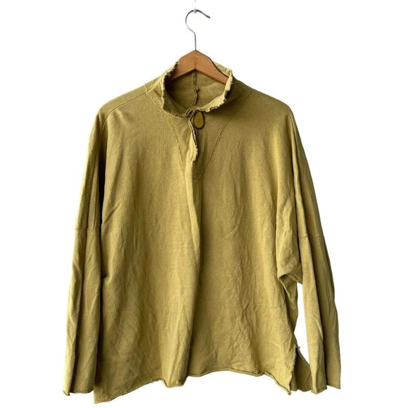 UNBRANDED Lagenlook Knit Tunic Top Chartreuse Long Sleeve High-neck Blouse M - Picture 1 of 2